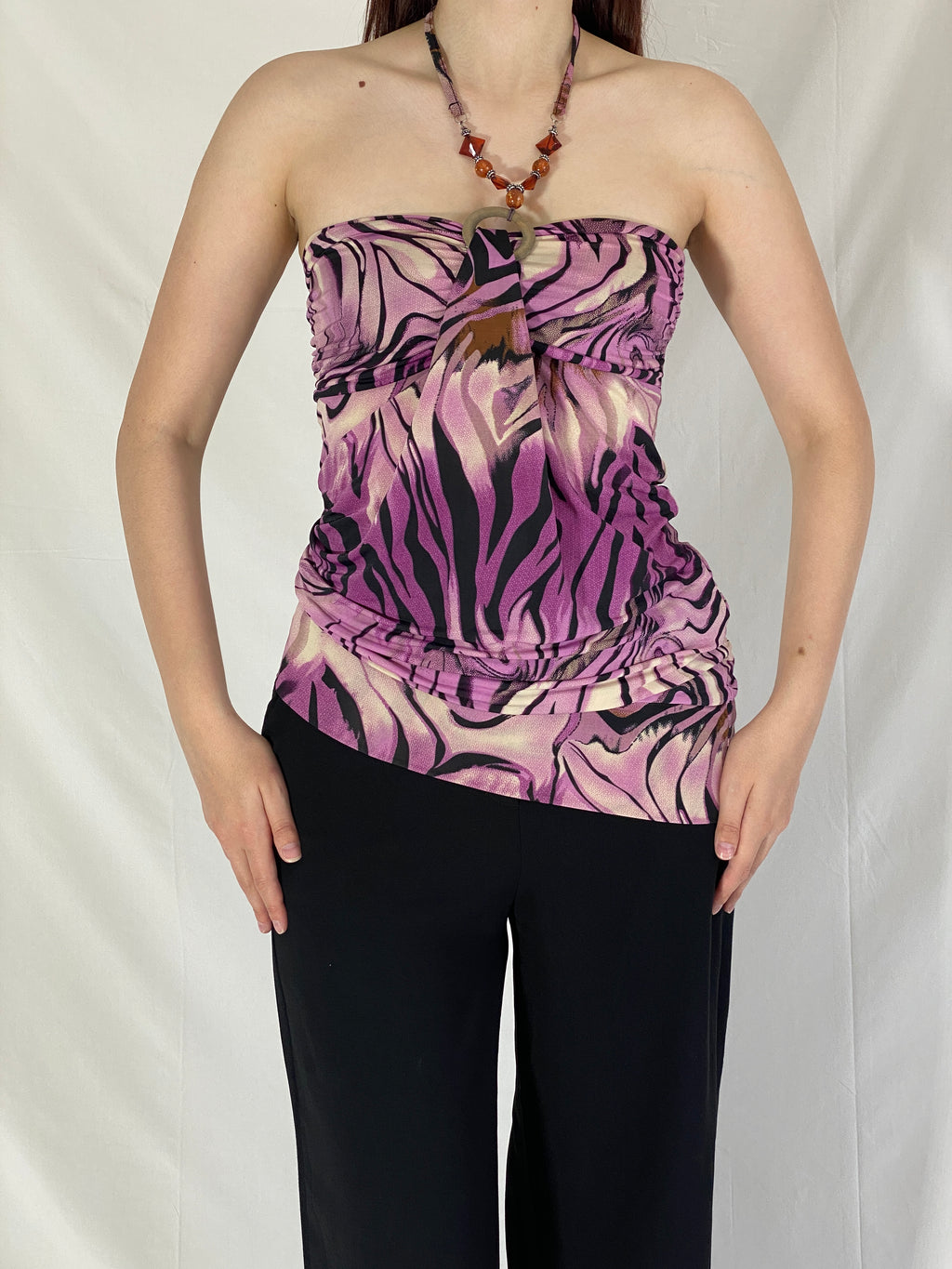 Y2K Charbell Purple Zebra Halter Top with Beaded Straps – M