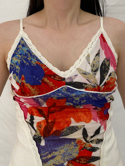 Vintage Y2K Abstract Floral Print Crochet Trim Cami Top Multicolor Knit Panel Cami - M