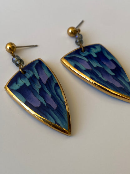 Vintage Abstract Enamel Drop Earrings Blue Geometric Shield Dangle Earrings