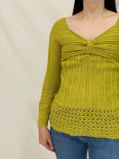Vintage Y2K Chartreuse Ribbed Knit Twist Front Open Knit Detail Long Sleeve Top - S