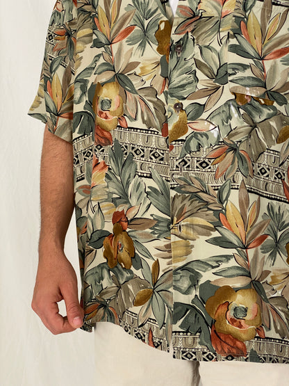 Vintage Burma Bibas Earth Tone Tropical Rayon Shirt – L