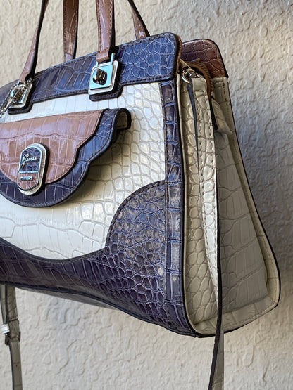 GUESS Croc-Embossed Tri-Color Satchel Handbag with Crossbody Strap