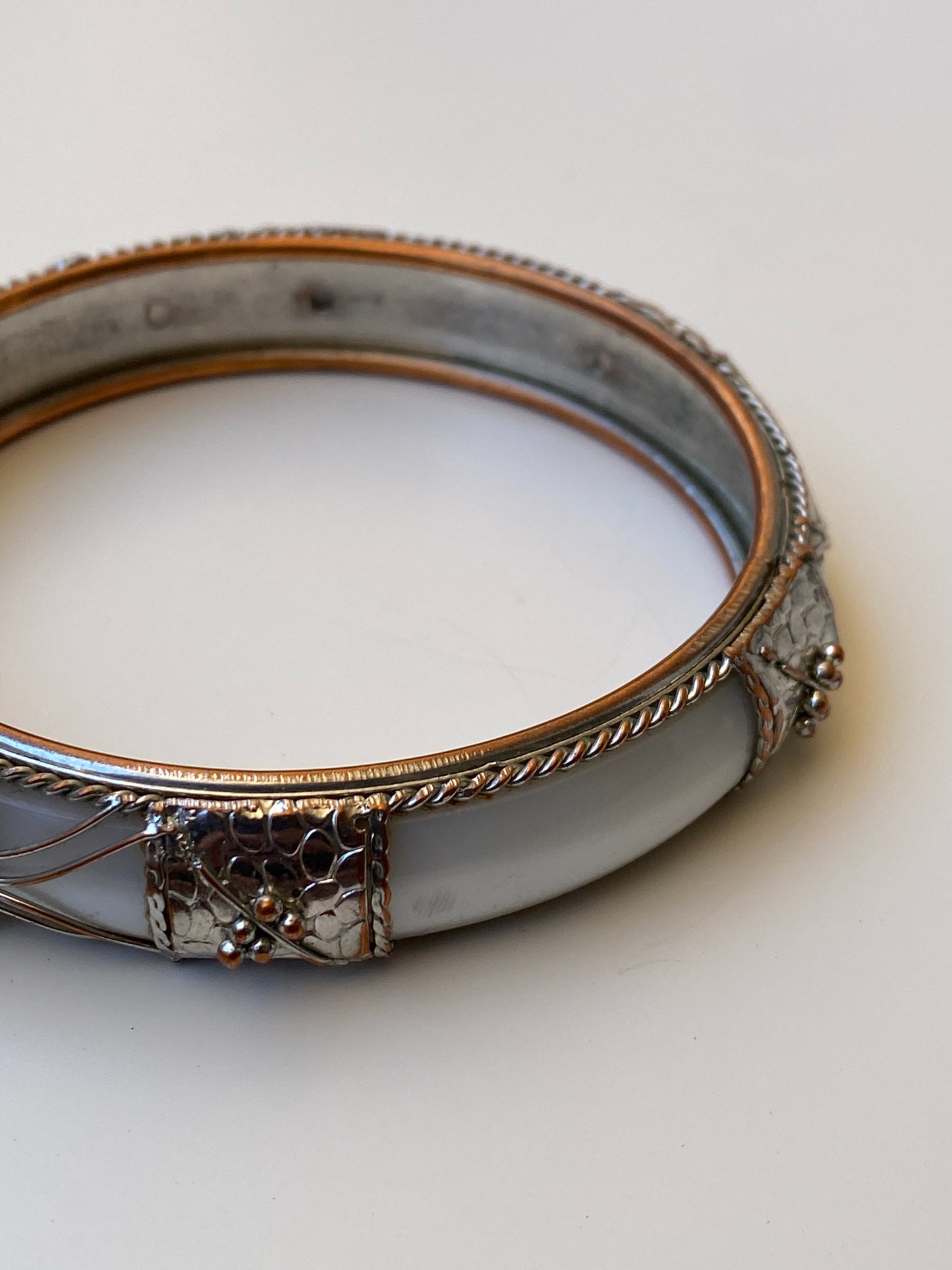 Vintage White Enamel & Silver-Tone Ornate Bangle Bracelet Rhinestone Detail