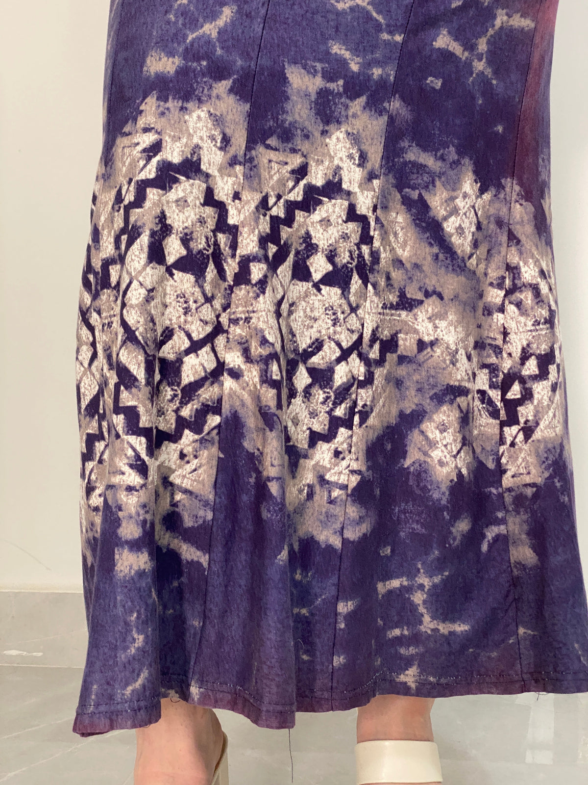 Vintage Fashionway Navy Blue Tie-Dye Geometric Flared Maxi Skirt – M