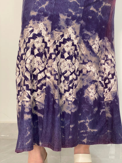 Vintage Fashionway Navy Blue Tie-Dye Geometric Flared Maxi Skirt – M