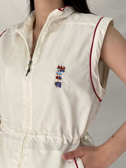 Vintage Adidas Off-White Sleeveless Zip Vest with Drawstring Waist - S