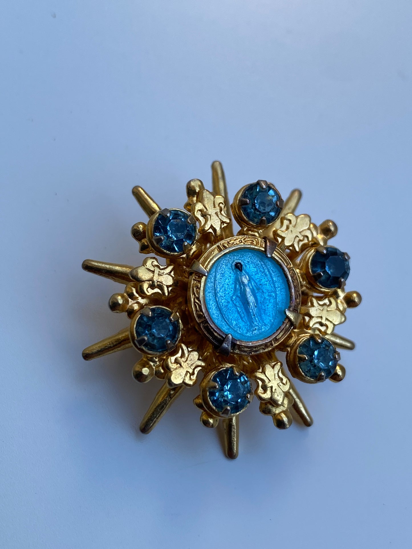 Vintage Mid-Century Gold Tone Blue Rhinestone Miraculous Medal Virgin Mary Starburst Brooch