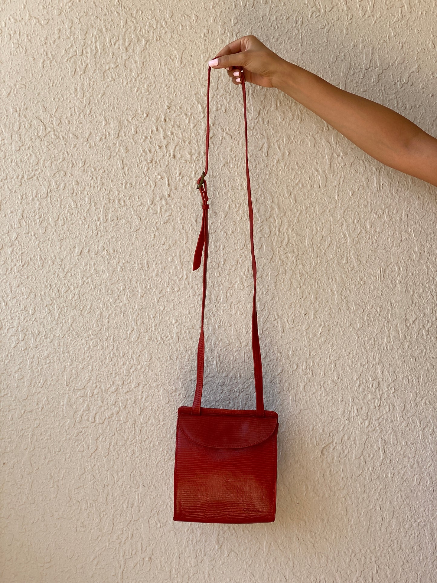 Vintage 80s Funbag Red Embossed Leather Structured Crossbody Bag
