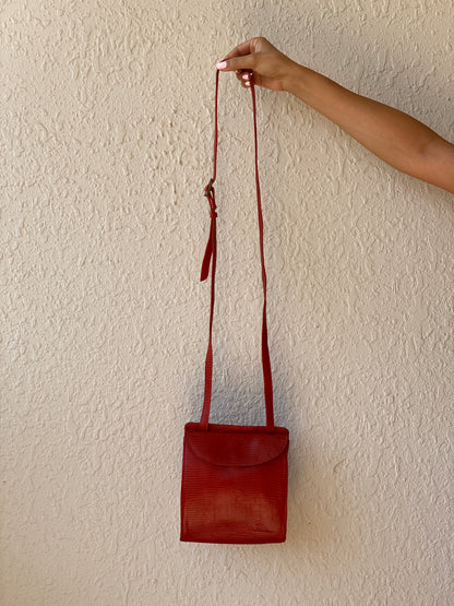 Vintage 80s Funbag Red Embossed Leather Structured Crossbody Bag