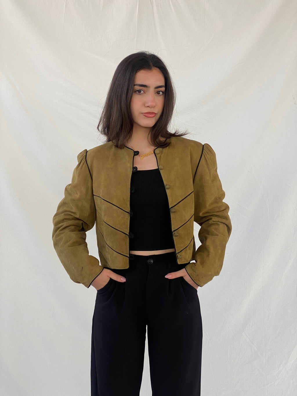 Vintage Olive Green Suede Trachten Buttoned Blazer Jacket - M