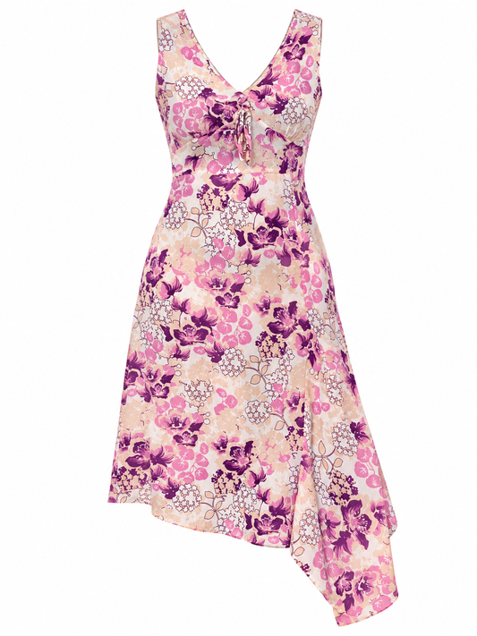 Vintage R Pink Floral Soft Girl Viscose Asymmetric Midi Dress – M