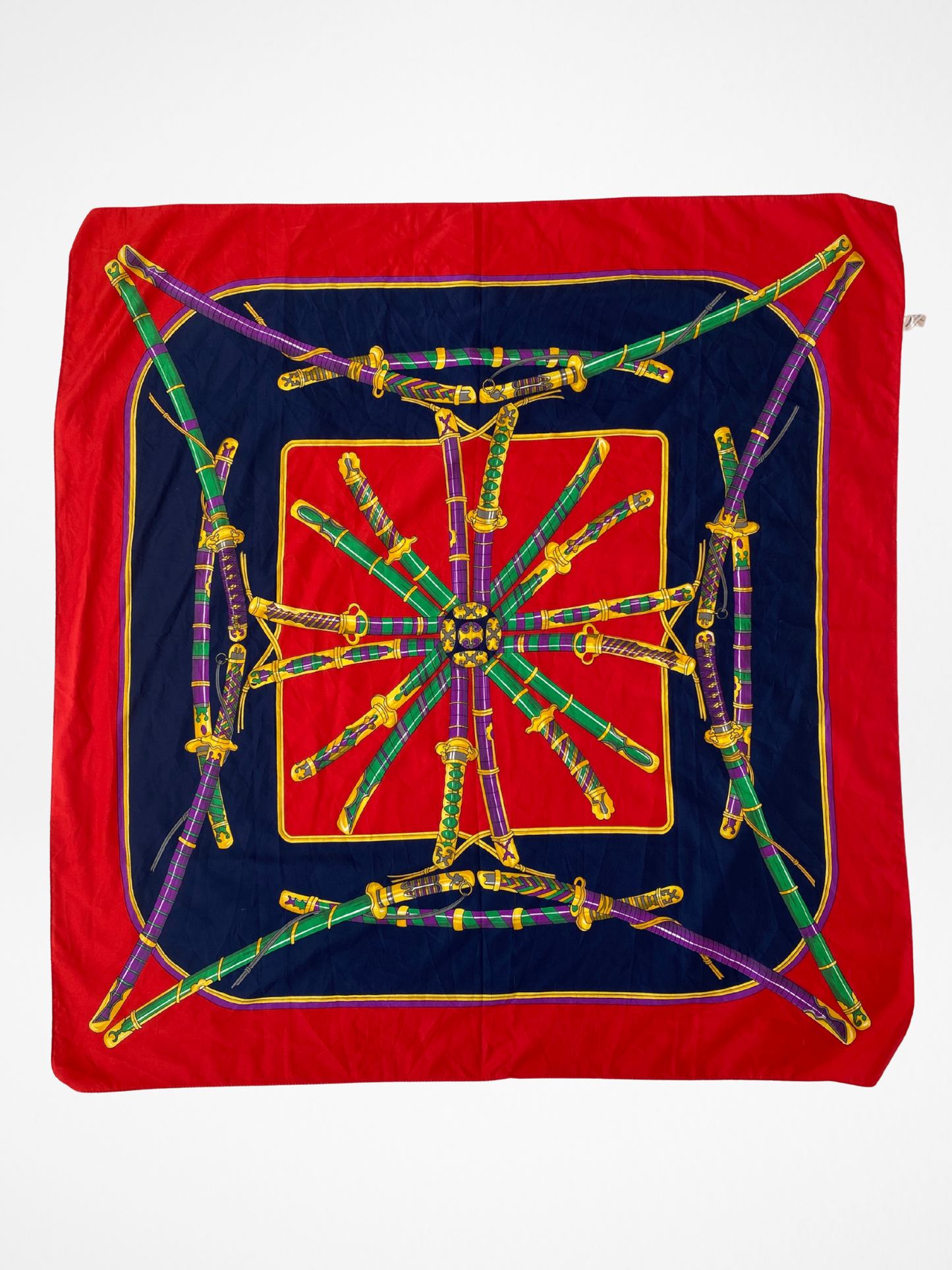 Statement Vintage JAGO Red Navy Sword Motif Square Scarf