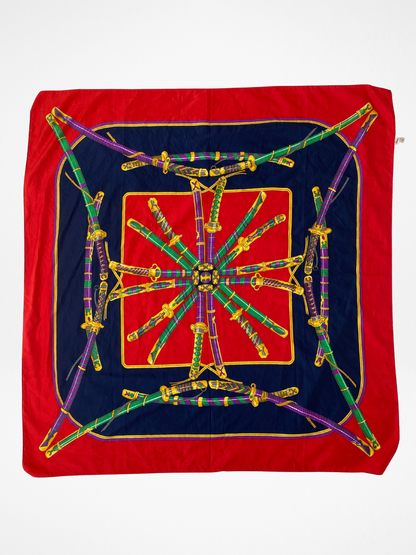 Statement Vintage JAGO Red Navy Sword Motif Square Scarf