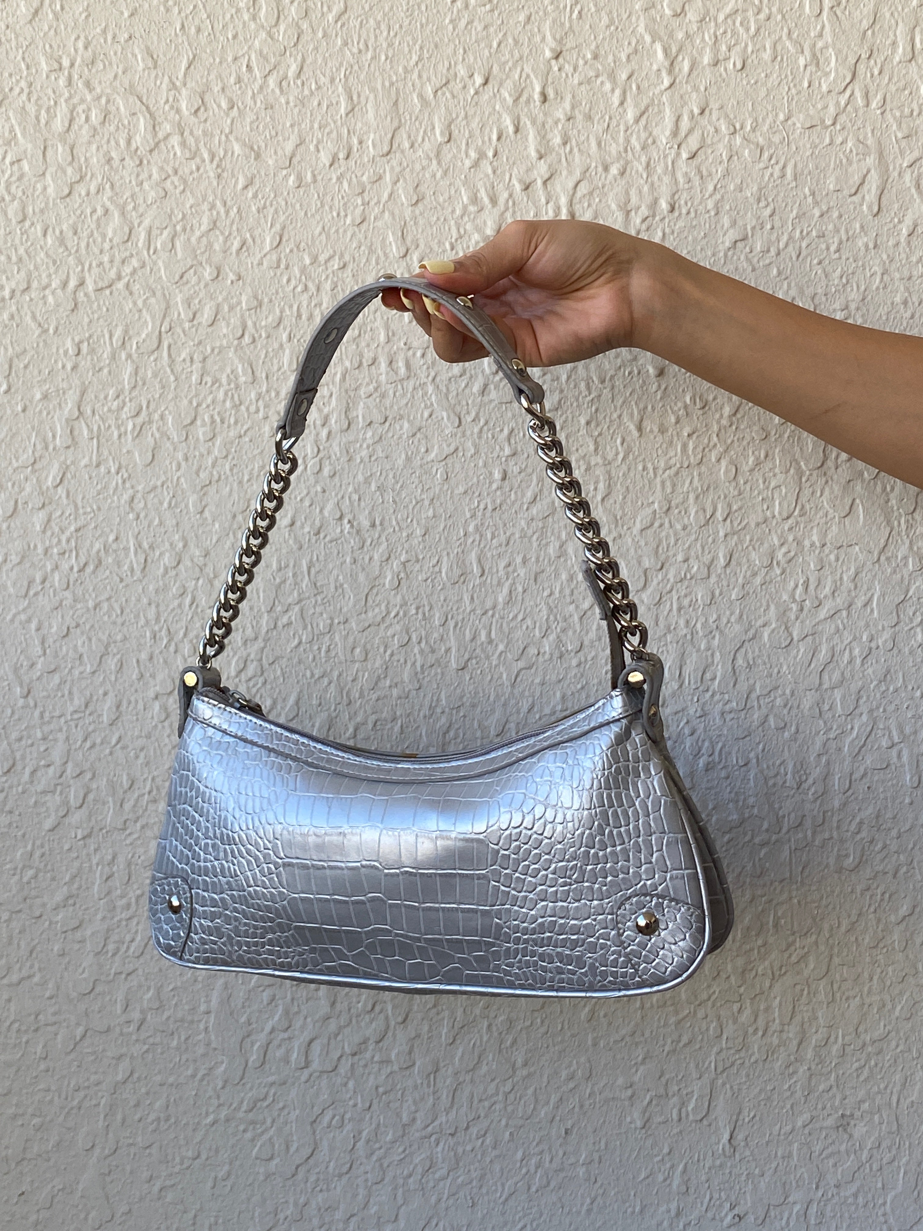 Nine West Silver Croc Embossed Shoulder Bag – Y2K Chain Strap Purse