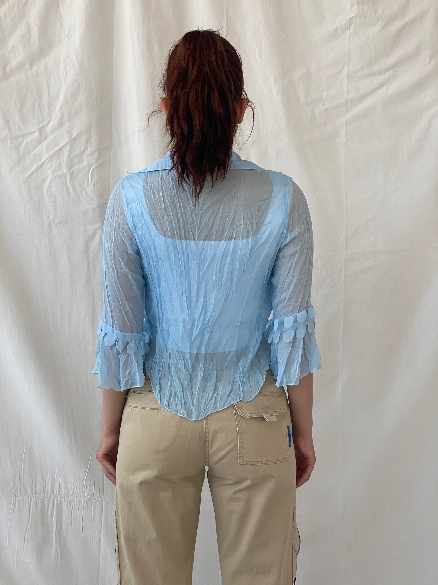 Vintage Y2K Smart Women Blue Ruffled Sheer Romantic Cardigan Shirt - M