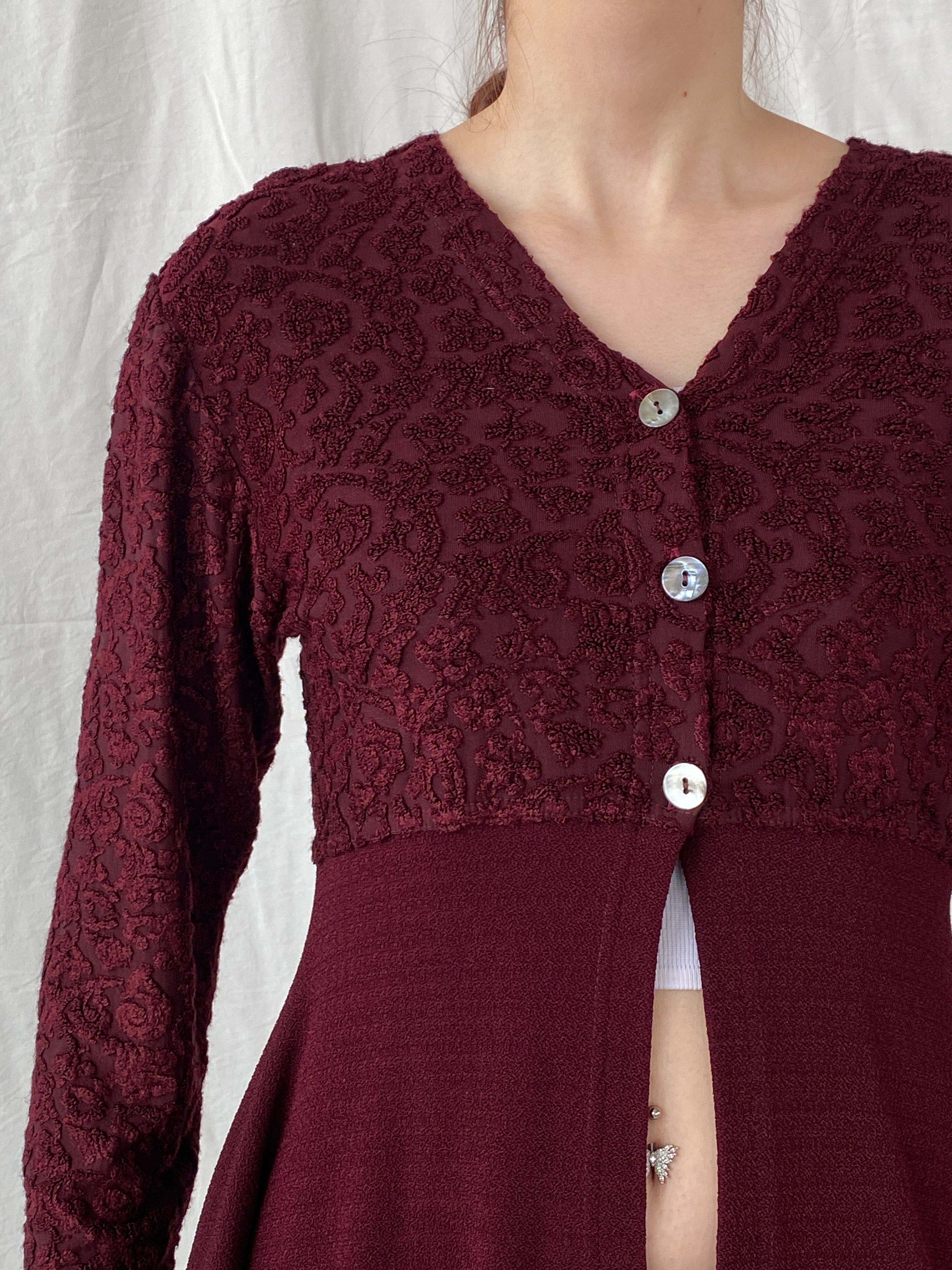 Vintage Vestino Italy Maroon Floral Lace Buttoned Split Cardigan - M
