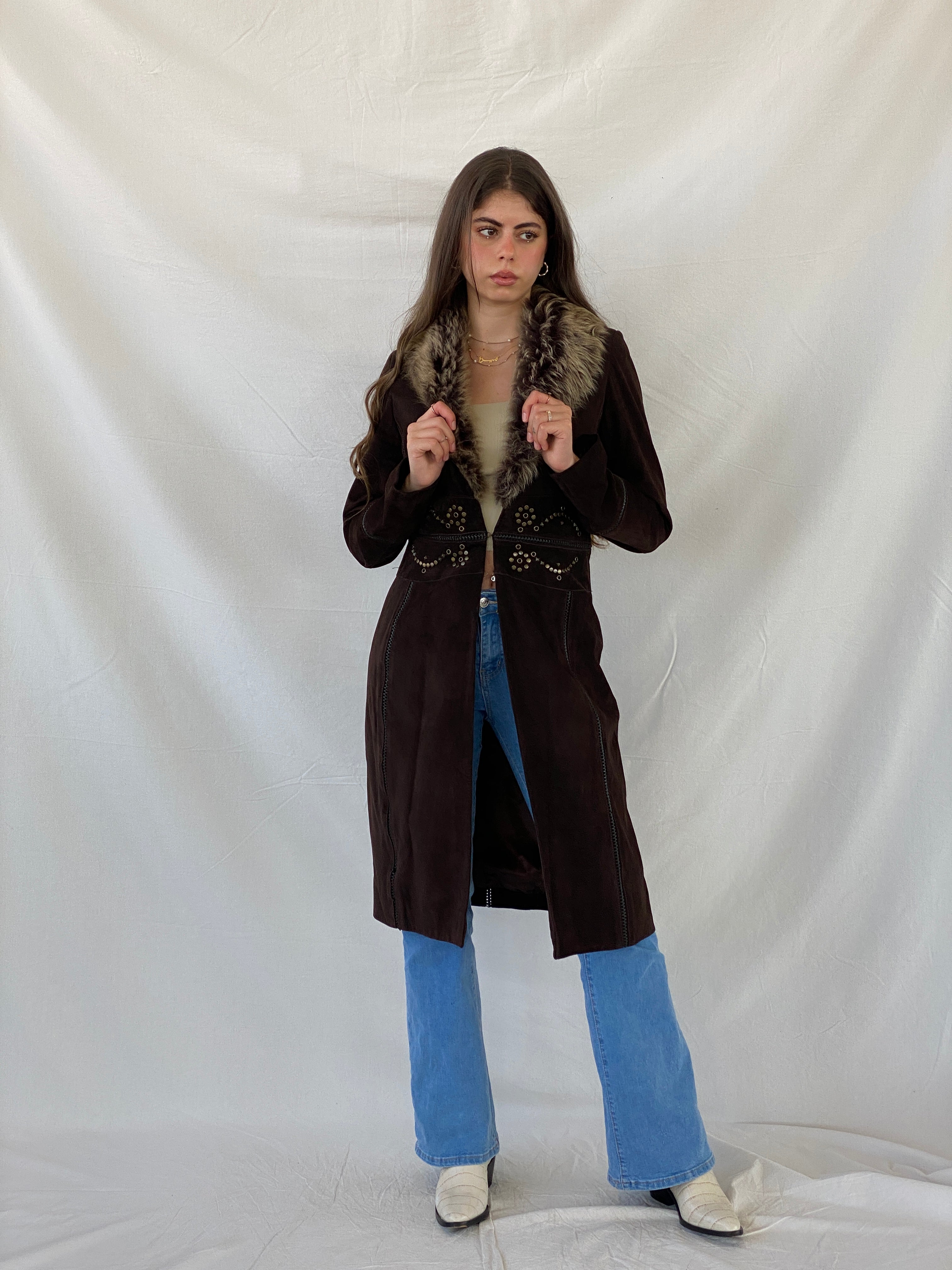 معطف كارين ميلين الأفغاني ذو الياقة الفروية من جلد الغزال البني - مقاس صغير