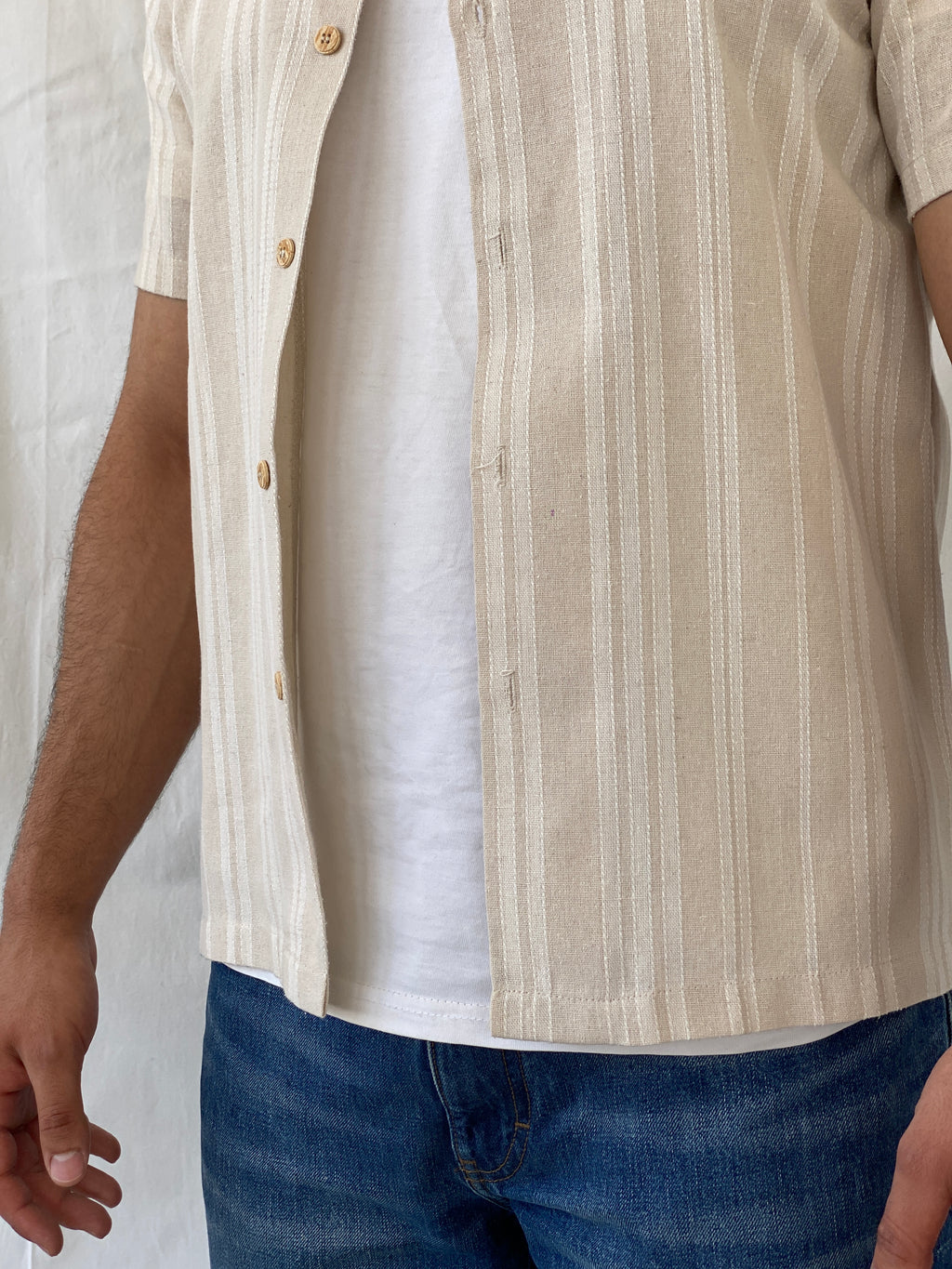 Kana Maru Striped Beige Half Sleeve Button Up Men’s Shirt - M