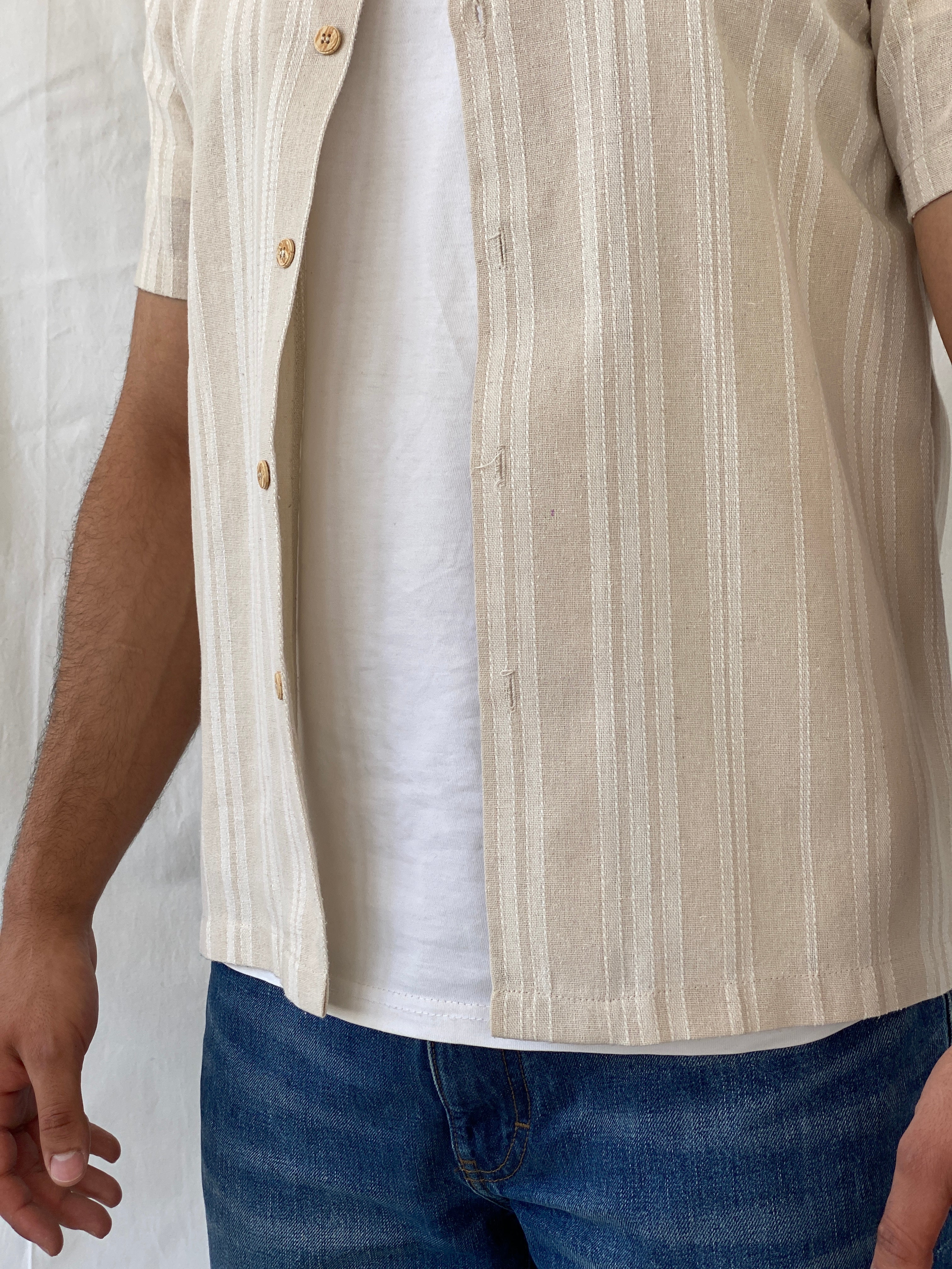 Kana Maru Striped Beige Half Sleeve Button Up Men’s Shirt - M