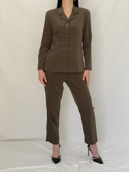 Vintage 90s Sag Harbor Dress Petite Olive Green Blazer & Pants Set Officecore Tailored Suit - M