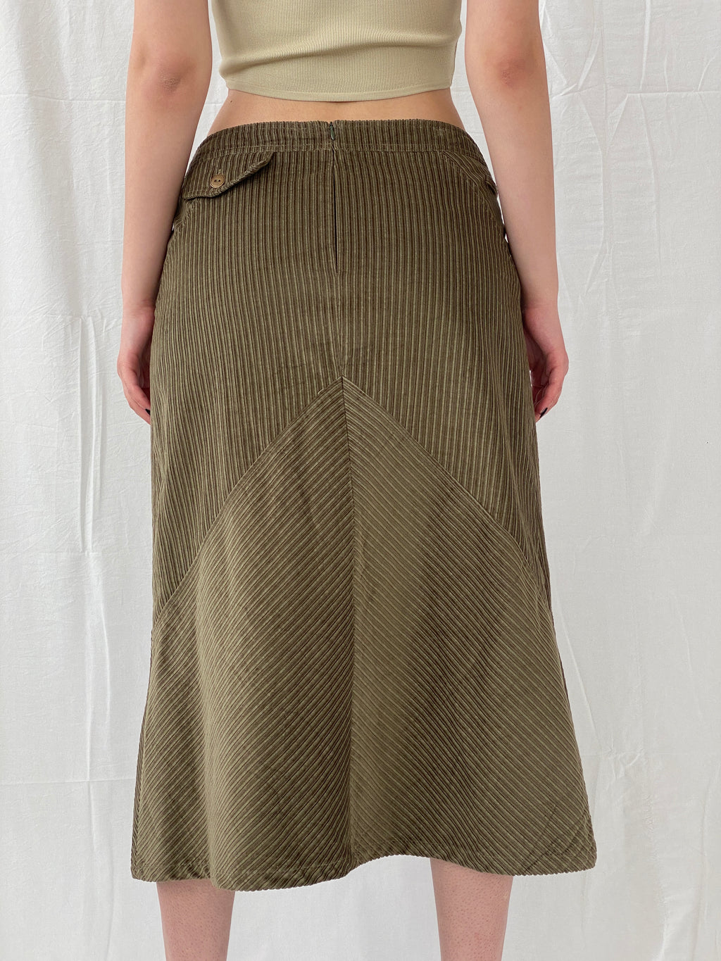 90s Phildar Olive Green Utility Corduroy Midi Skirt - L