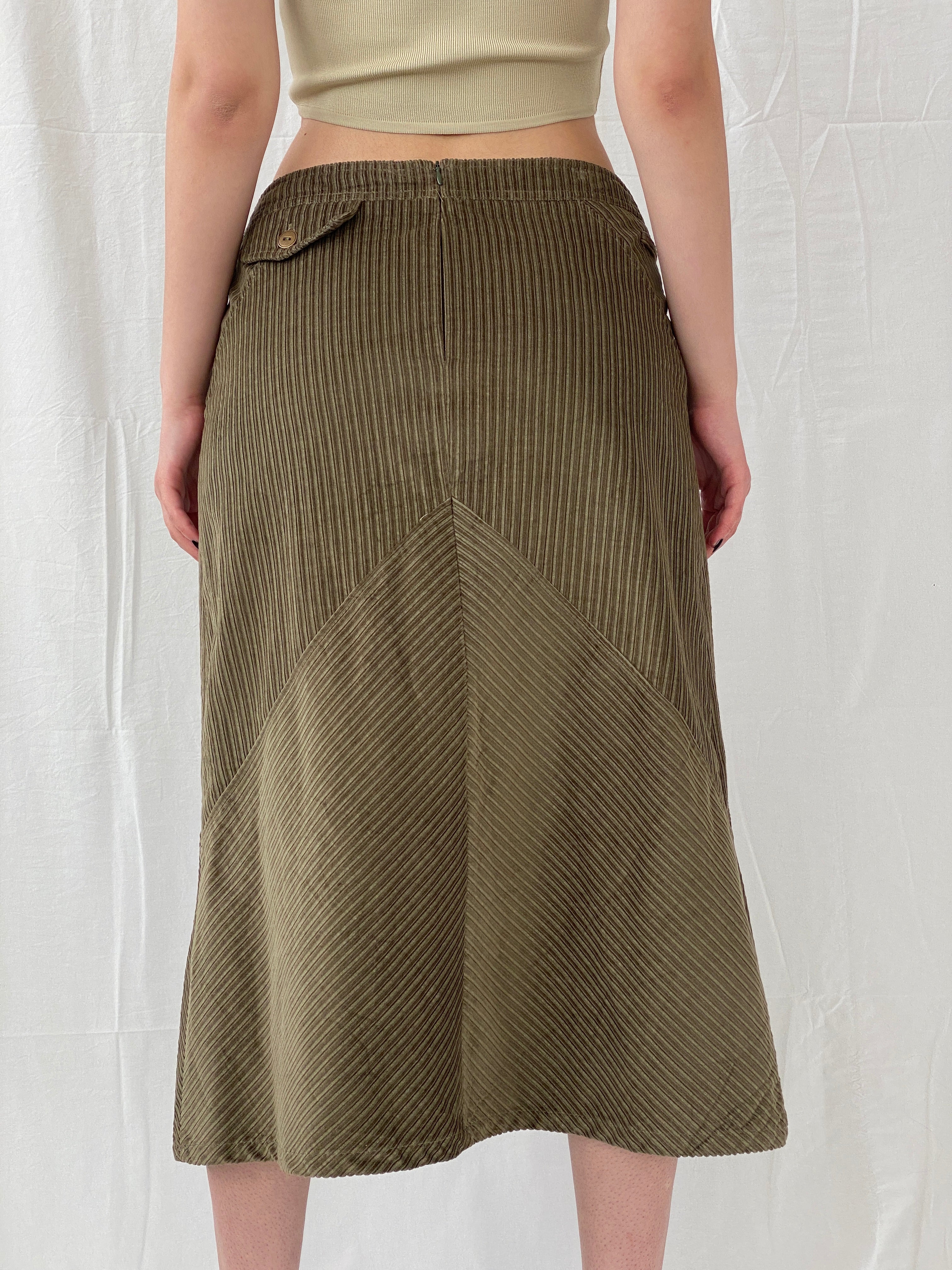 90s Phildar Olive Green Utility Corduroy Midi Skirt - L