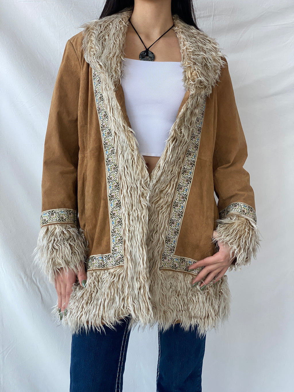 Vintage Y2K Xhilaration Genuine Suede Penny Lane Afghan Style Fur-Lined Floral Embroidered Coat - XL