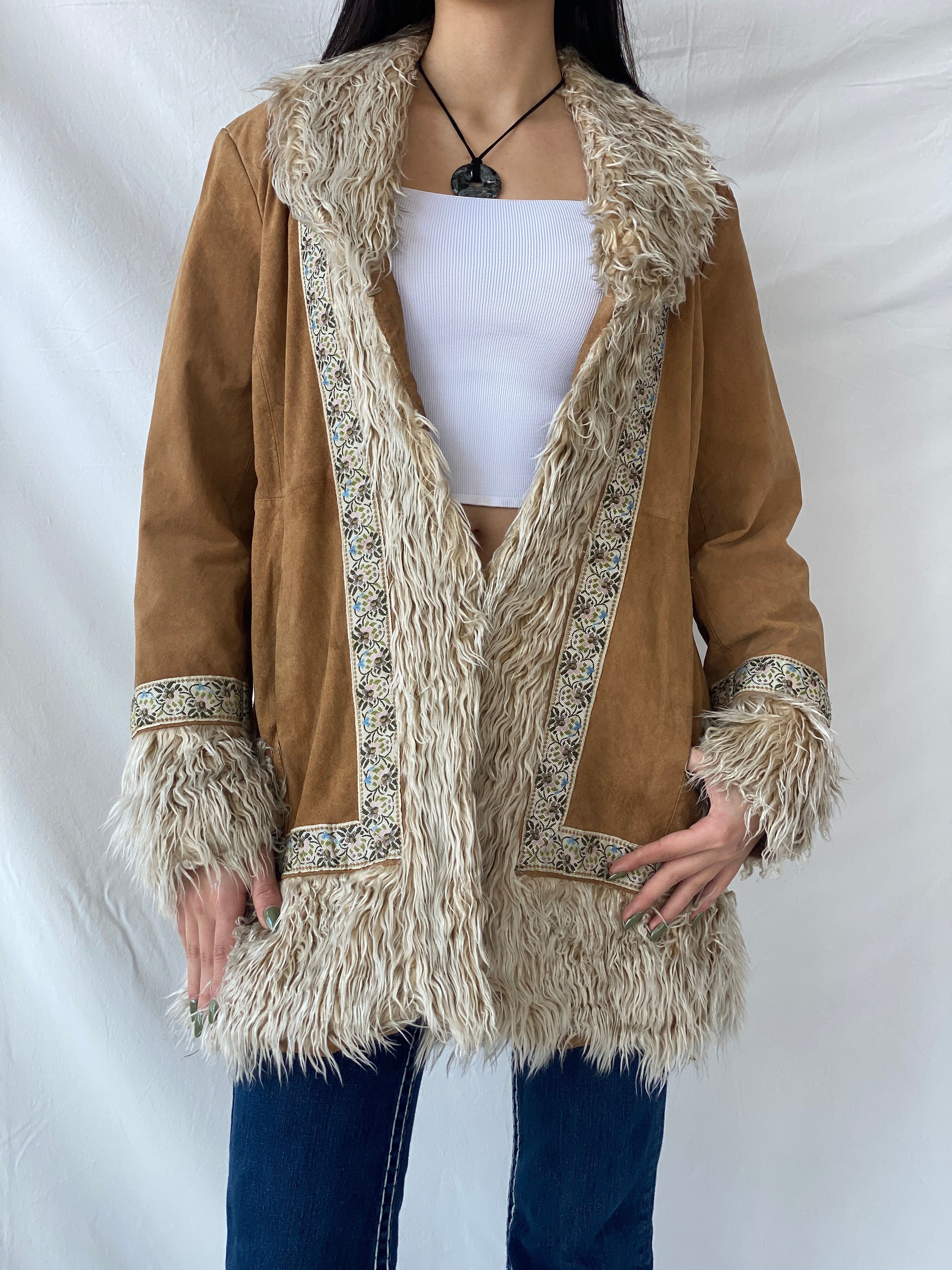 Vintage Y2K Xhilaration Genuine Suede Penny Lane Afghan Style Fur-Lined Floral Embroidered Coat - XL