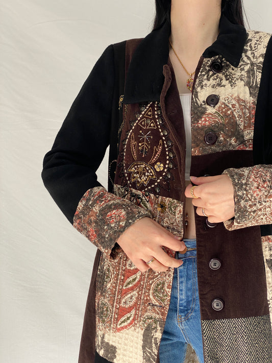 Vintage Derhy Patchwork Coat Bohemian Embroidered Artistic Long Coat 90s 00s Statement Jacket - M