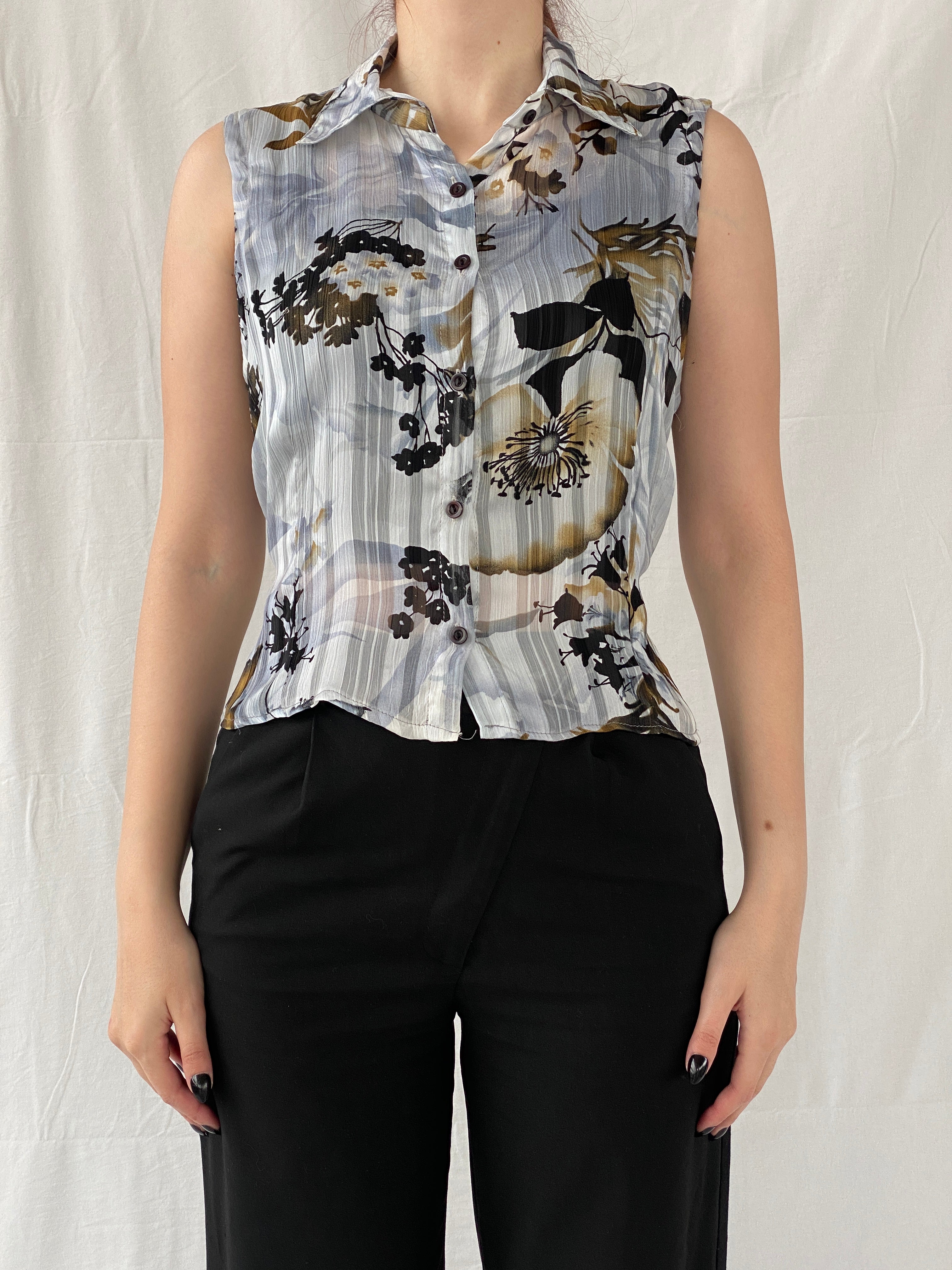 Vintage Fashionway Women’s Sheer Floral Sleeveless Buttoned Shirt - L