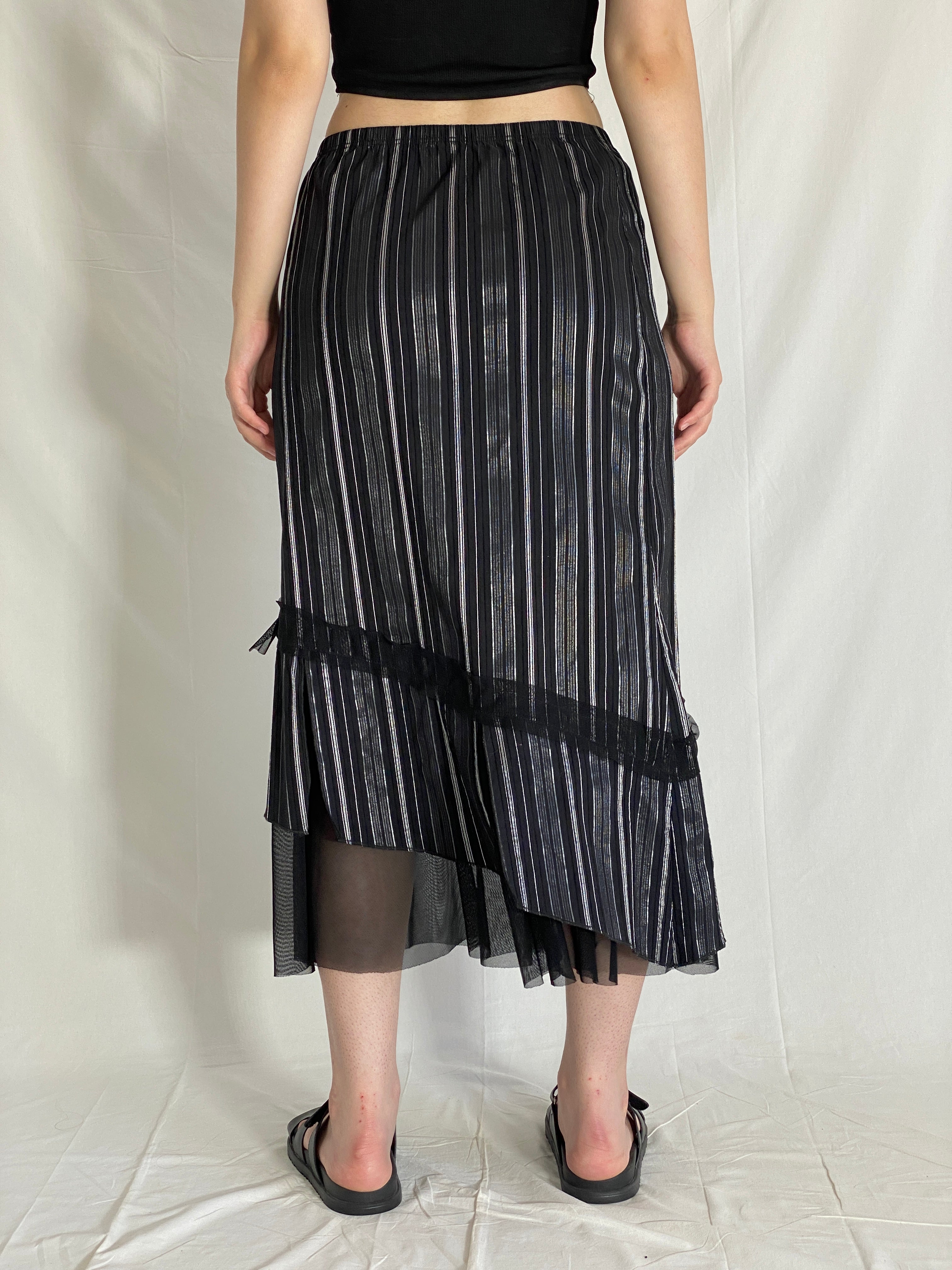 Vintage Wearhouse Black Silver Midi Striped Sheer Mesh Hem Whimsygoth Skirt - M
