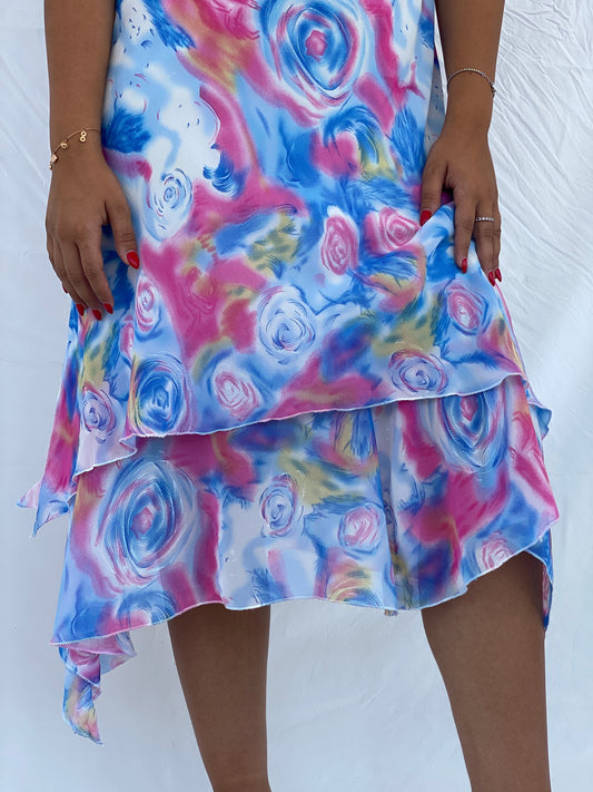 Vintage TYC Blue and Pink Floral Spaghetti Strap Midi Dress - XL