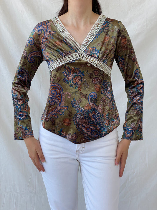 Vintage KLIMAN Collection Green Velvet Paisley Print Beaded Boho Long Sleeve Women’s Top - L