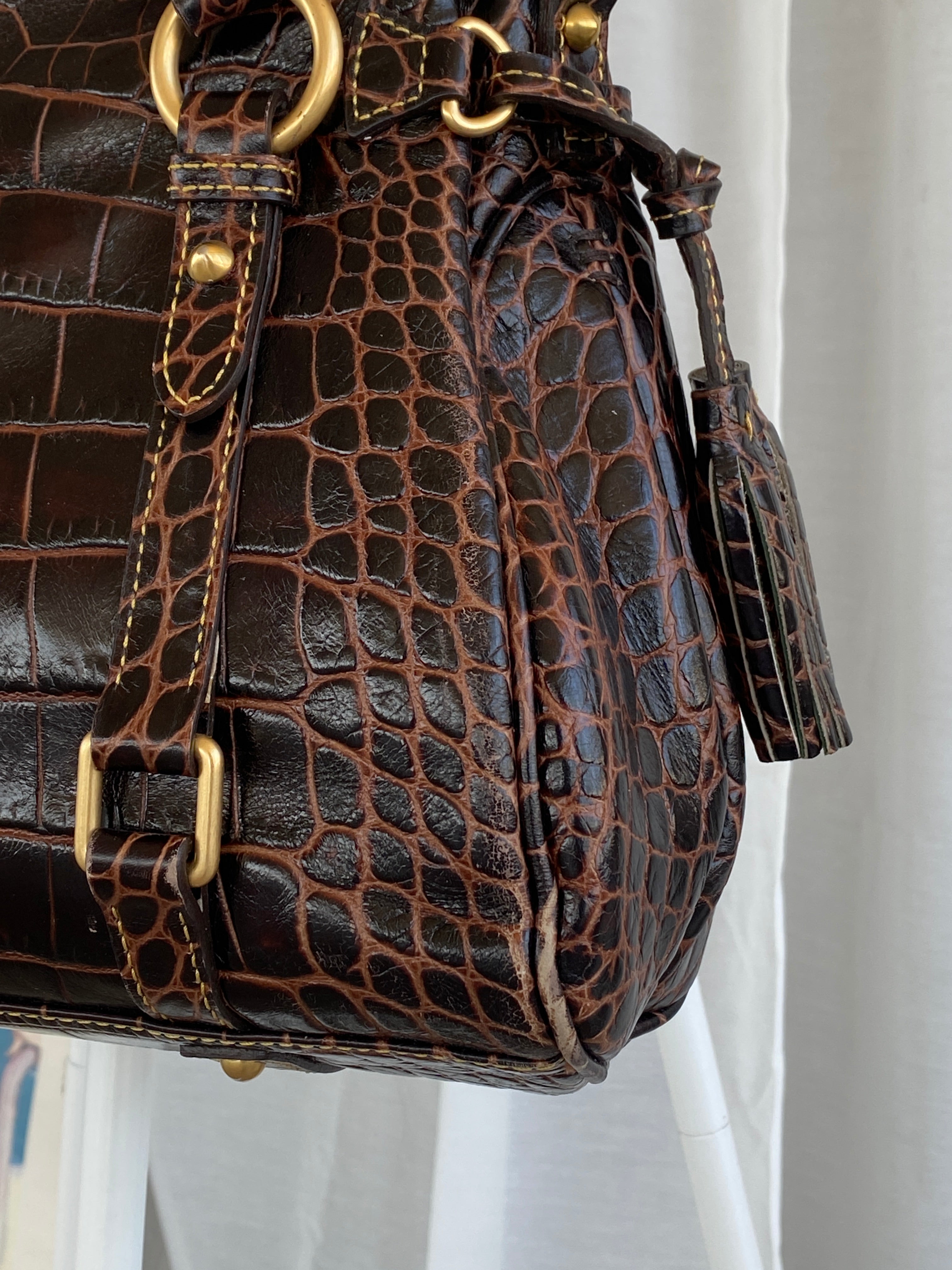 Dooney & Bourke Brown Croc Print Designer Hand Bag with Side Tassels and Gold Details