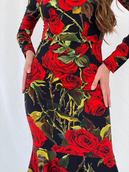 Dolce & Gabbana Red Roses Print Silk Knee-Length Dress - S