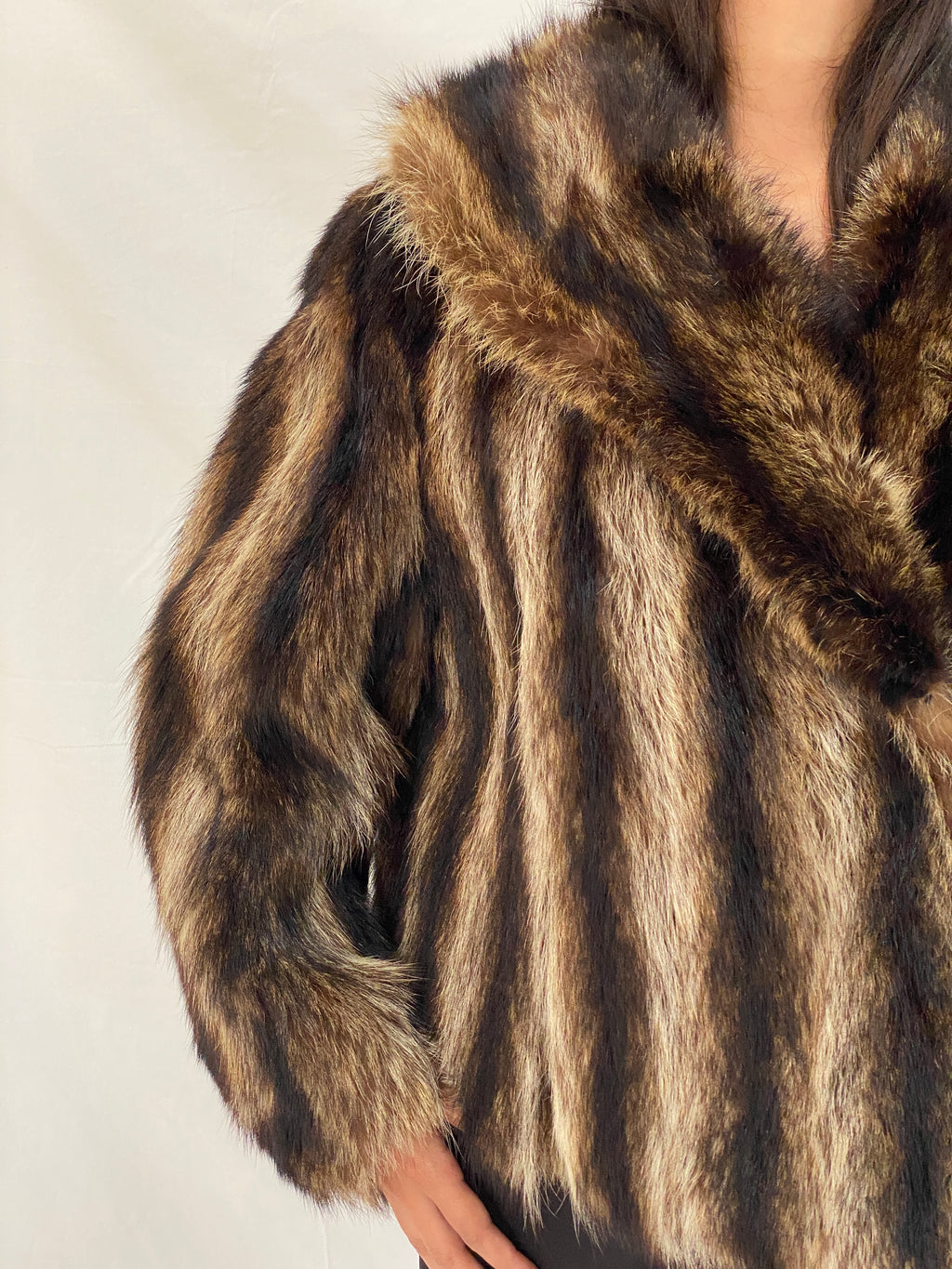 Vintage Striped Brown & Black Real Fur Coat - 70s Glam Winter Statement Jacket - M/L