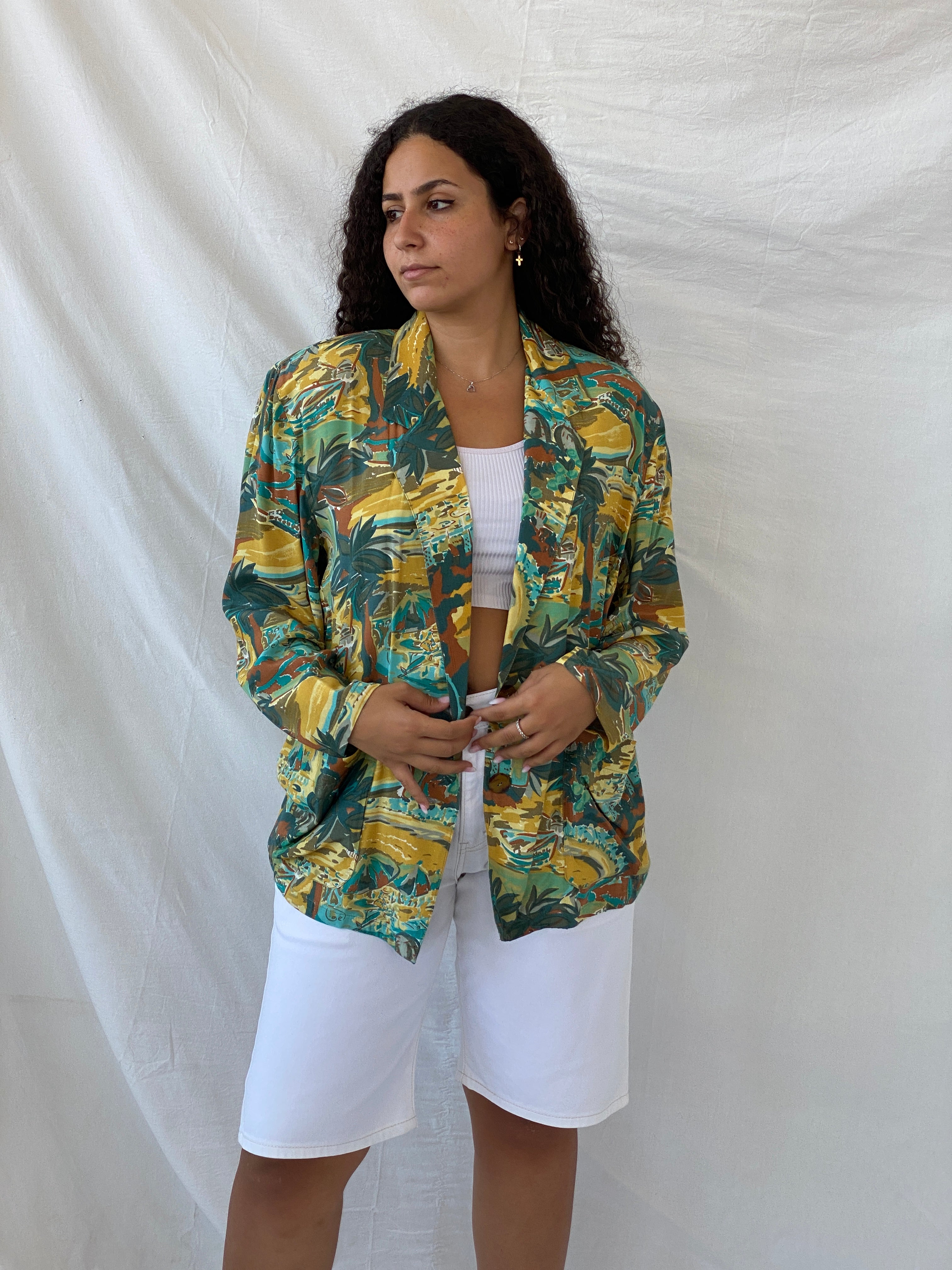 Vintage Handmade Multicolor Afro-Print Green and Yellow Blazer - L
