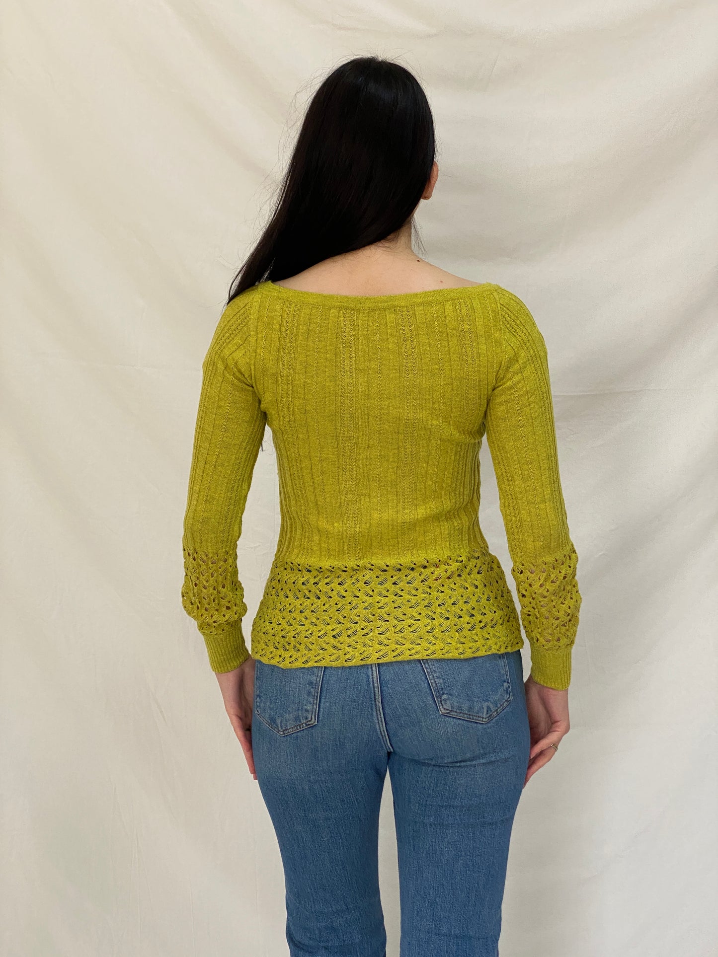 Vintage Y2K Chartreuse Ribbed Knit Twist Front Open Knit Detail Long Sleeve Top - S