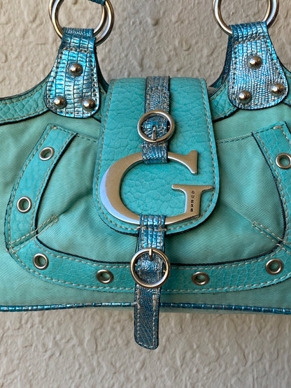 Vintage Y2K Guess Turquoise Satchel Bag with Logo G Hardware & Studded Trim Purse