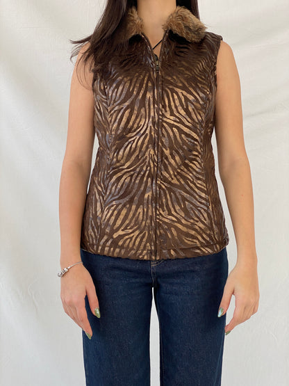 PR Powder River Outfitters Women’s Brown Zebra Fur-Collar Zip Up Fur Lined Vest - S