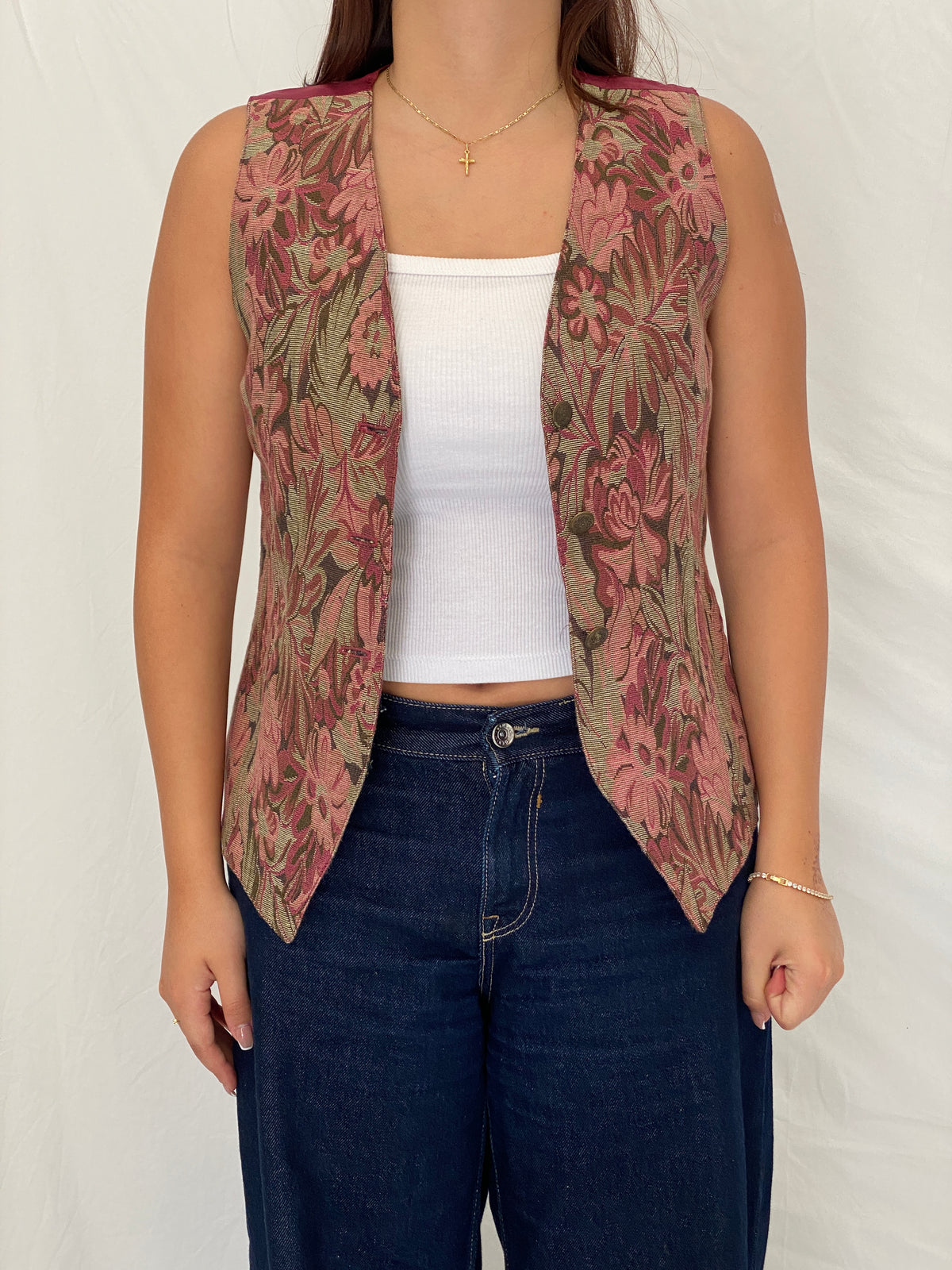Vintage The Limited Floral Tapestry Vest Pink Button Front Waistcoat – S Vintage The Limited Floral Tapestry Vest Pink Button Front Waistcoat – S