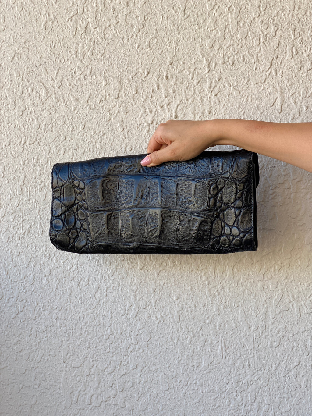 Sondra Roberts Black Crocodile Embossed Leather Evening Clutch