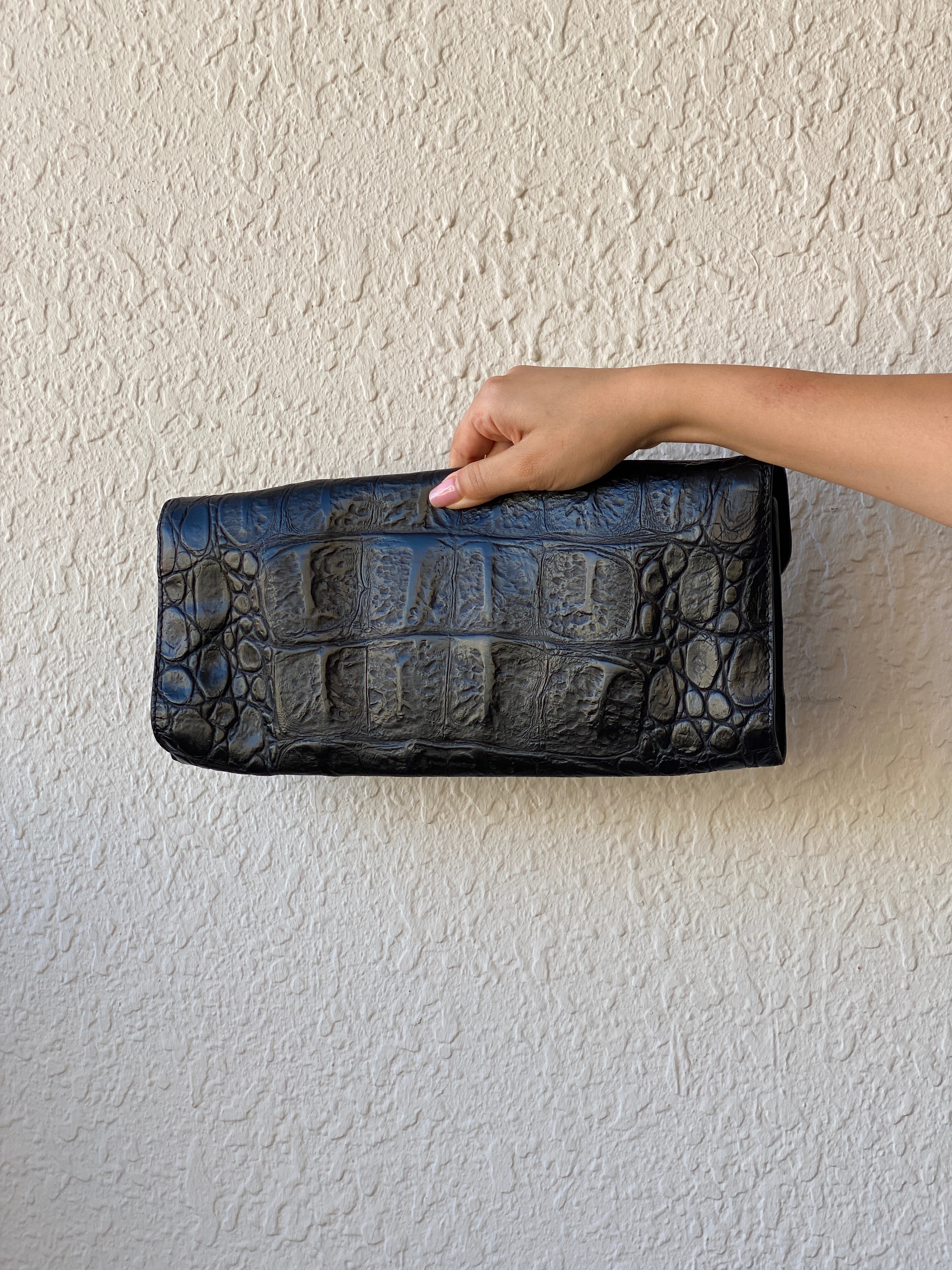 Sondra Roberts Black Crocodile Embossed Leather Evening Clutch