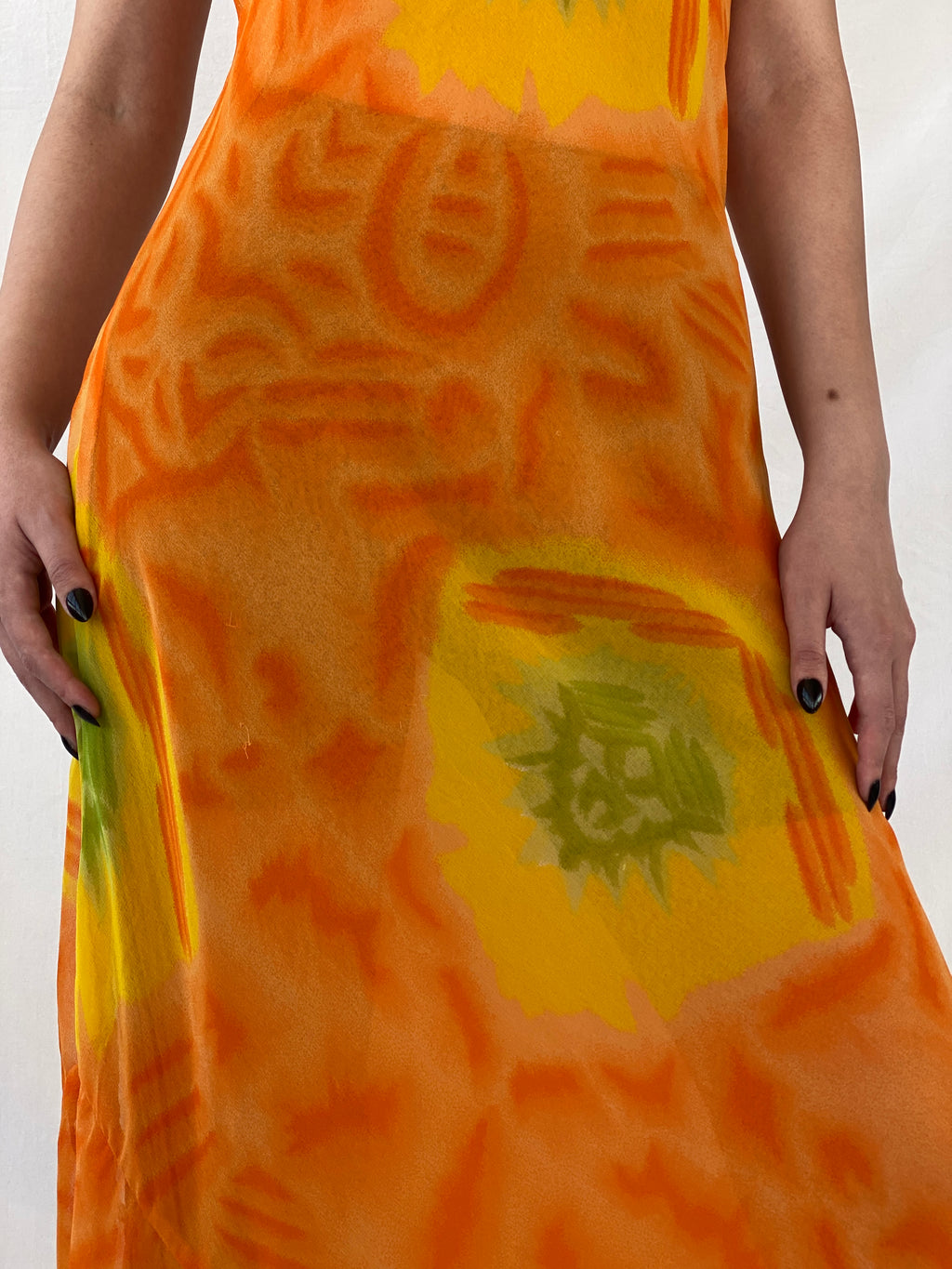 Y2K Chiffon Orange Tie Dye Sheer Maxi Dress - M