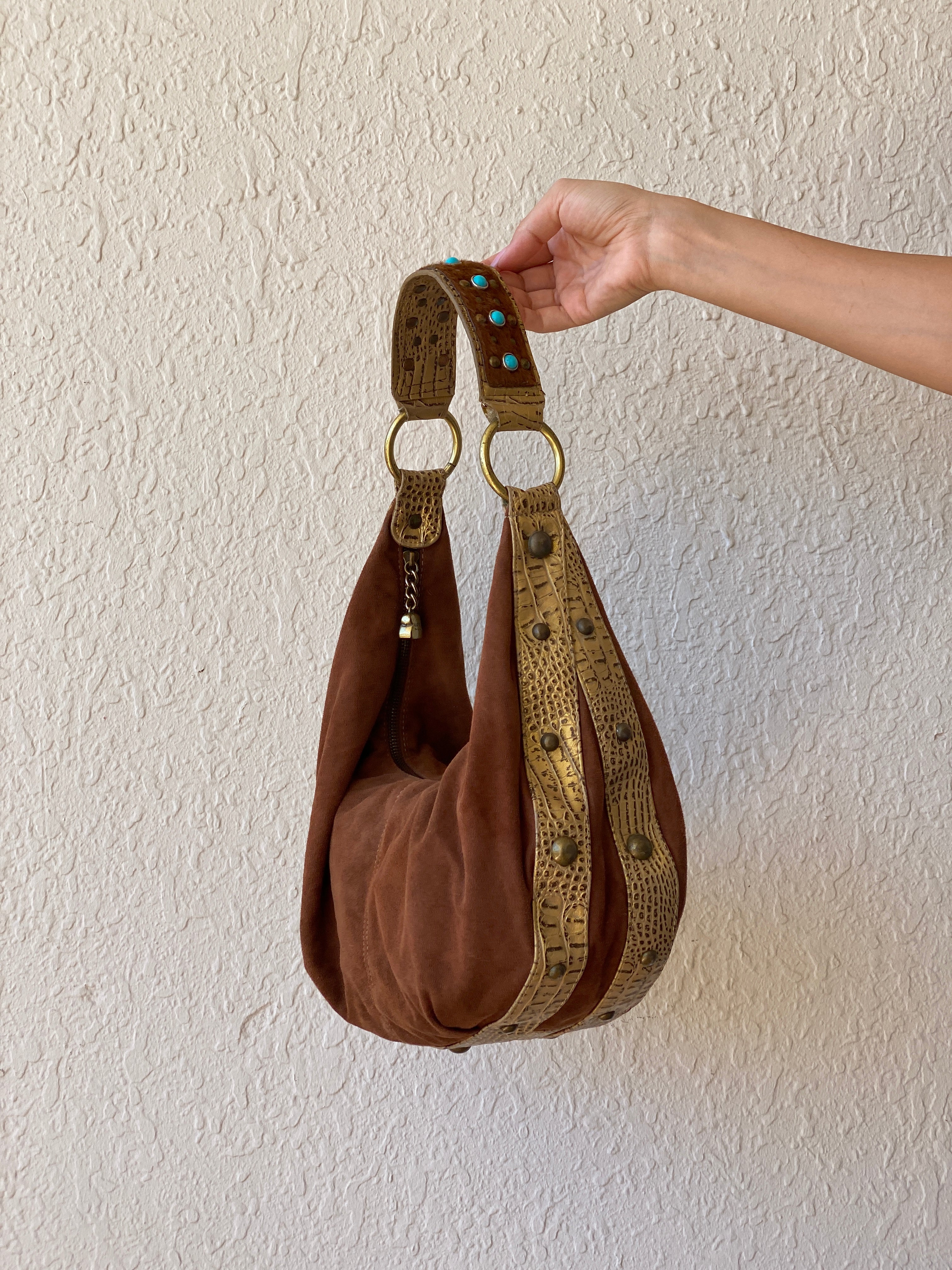 Gorgeous Kathy Van Zeeland Brown Vegan Suede Gold Faux Leather Trim Western Boho Shoulder Bag