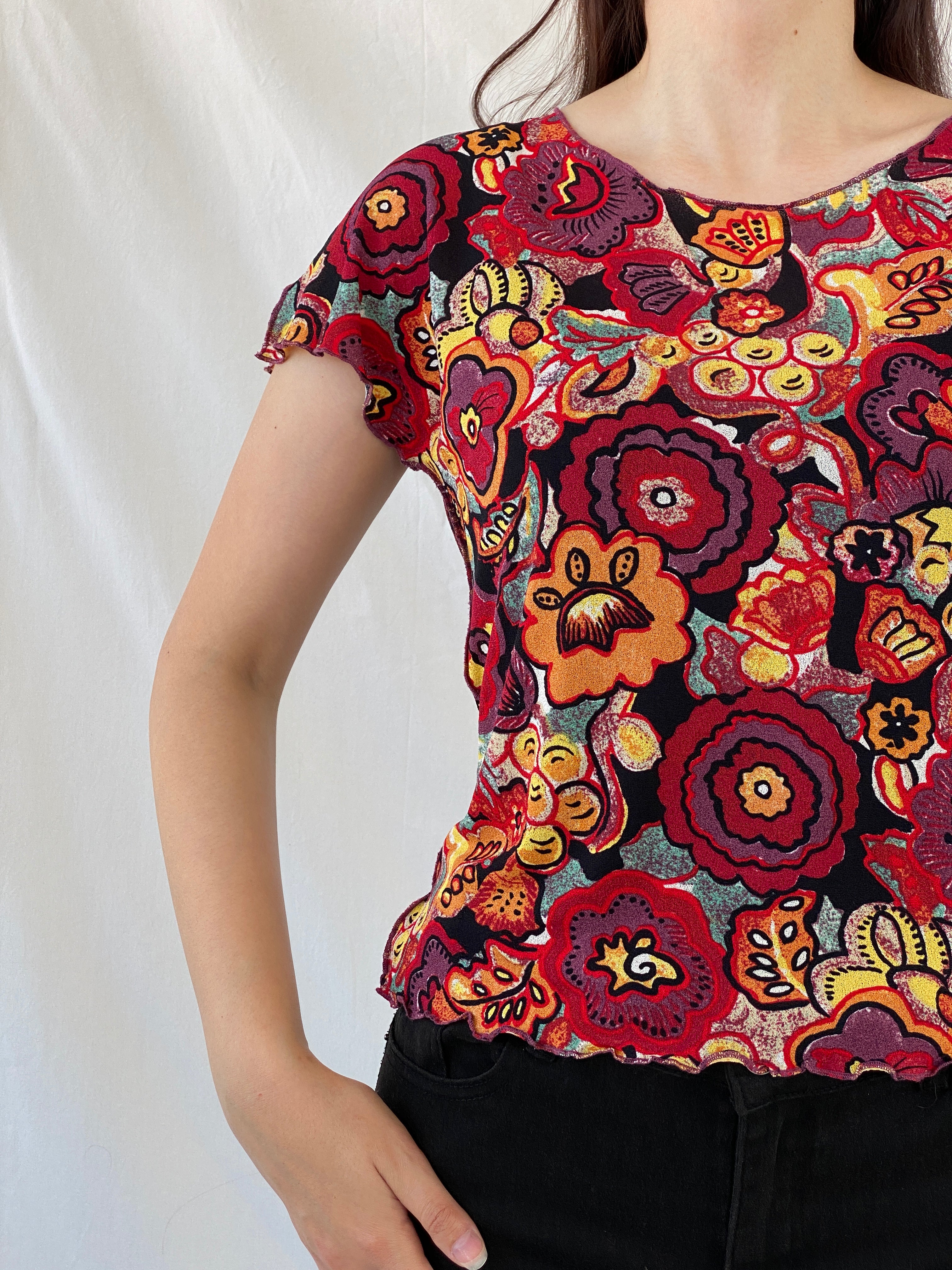 Vintage EMMA PERNELLE Groovy Floral Multicolor Mesh Top - XL