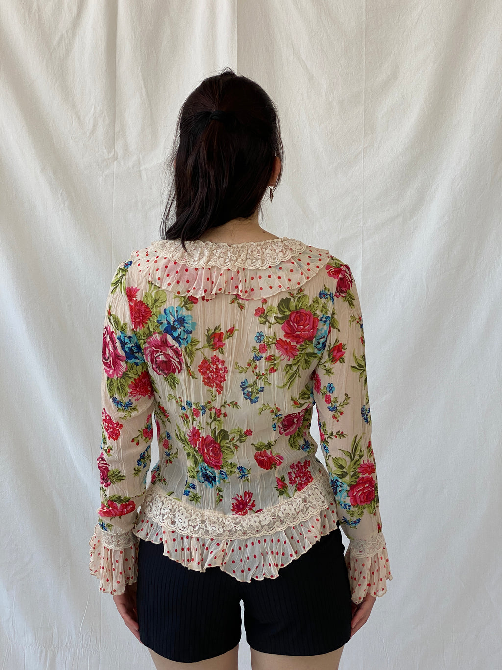 Vintage Jacqueline Riu Floral Ruffle Button-Up Blouse Cottagecore Romantic Lace Cardigan Top- S