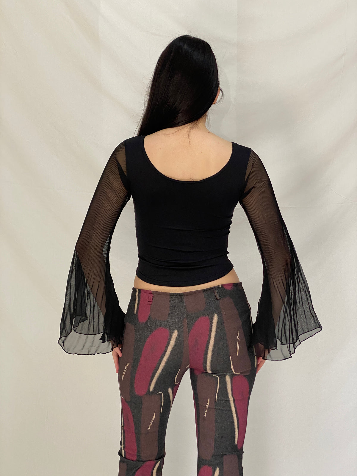 Vintage Y2K Xanaka Black Sheer Bell Long Sleeve Whimsy Goth Top – S Vintage Y2K Xanaka Black Sheer Bell Long Sleeve Whimsy Goth Top – S