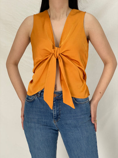 Vintage Orange Satin Tie-Front Blouse Sleeveless Draped Top - M