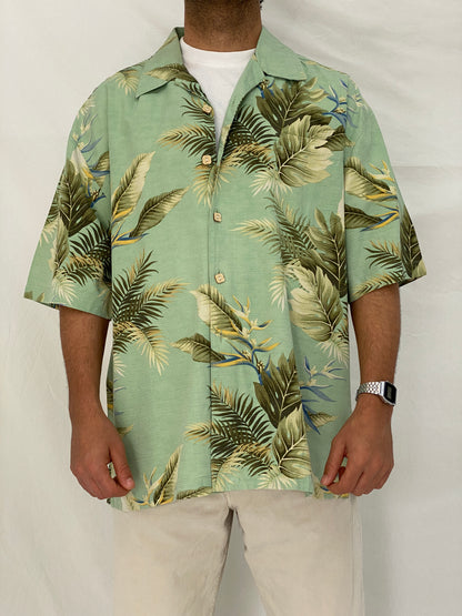 Vintage Jamaica Jaxx Tropical Leaf Silk Mint Green Hawaiian Shirt – XL
